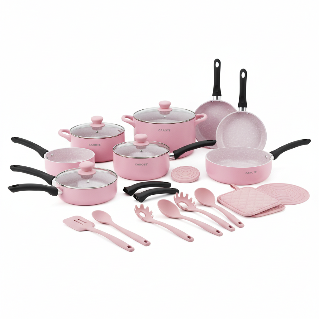 CAROTE 19pc Pink Nonstick Cookware Set - Studio Shot