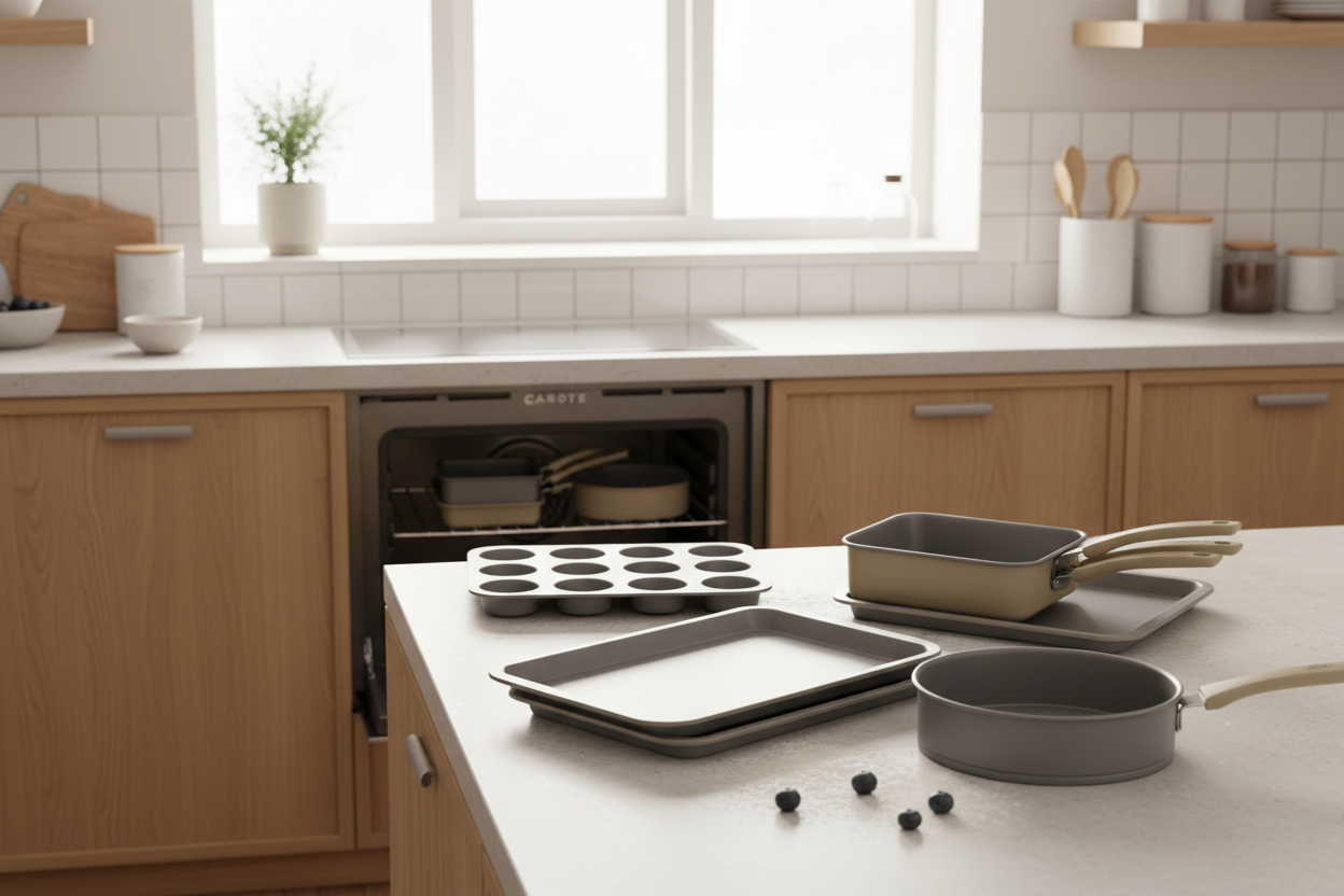 CAROTE 7pc Gray & Khaki Baking Pans Set in kitchen
