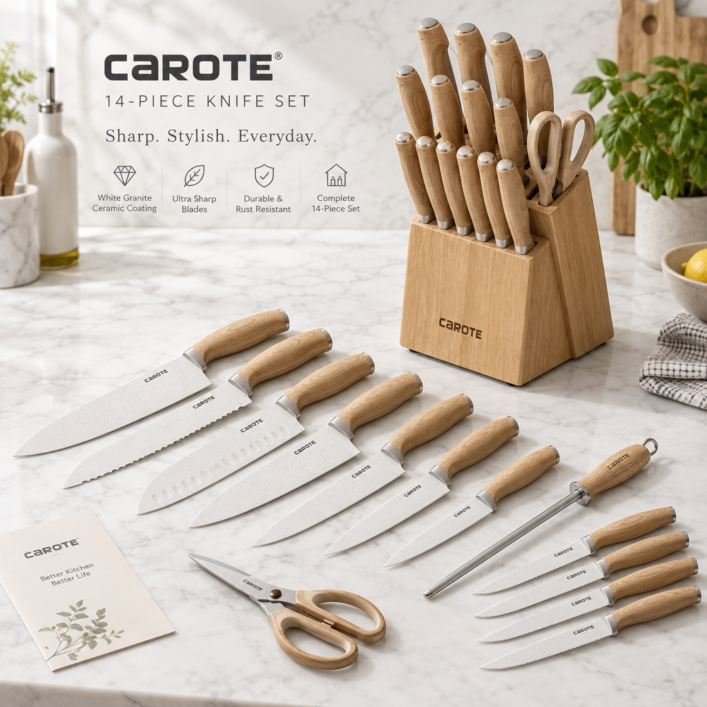 CAROTE 14-piece knife set with tan wooden handles and knife block on white marble countertop