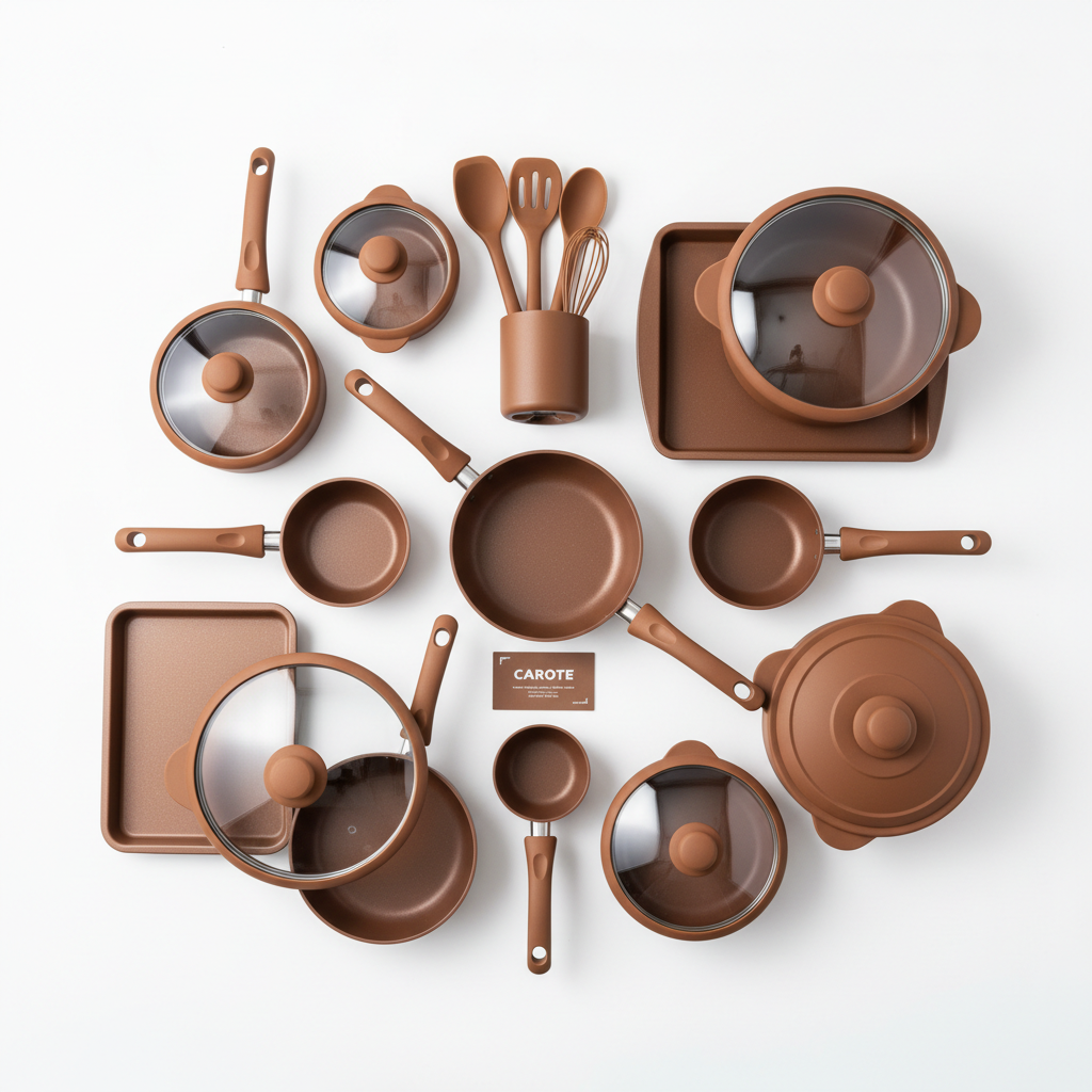 CAROTE 26pc Brown Cookware Set - Flat Lay Overhead