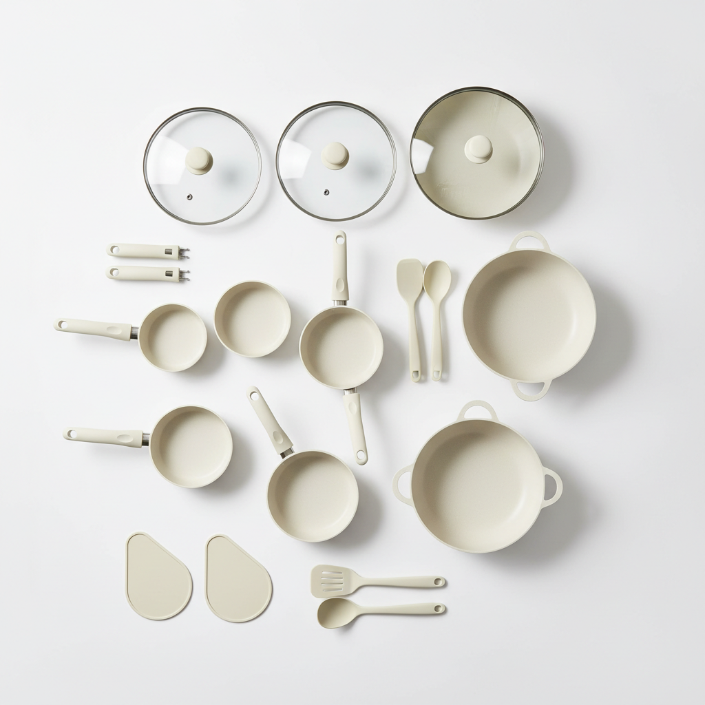 CAROTE 26pc Cream White Cookware Set - Flat Lay Overhead