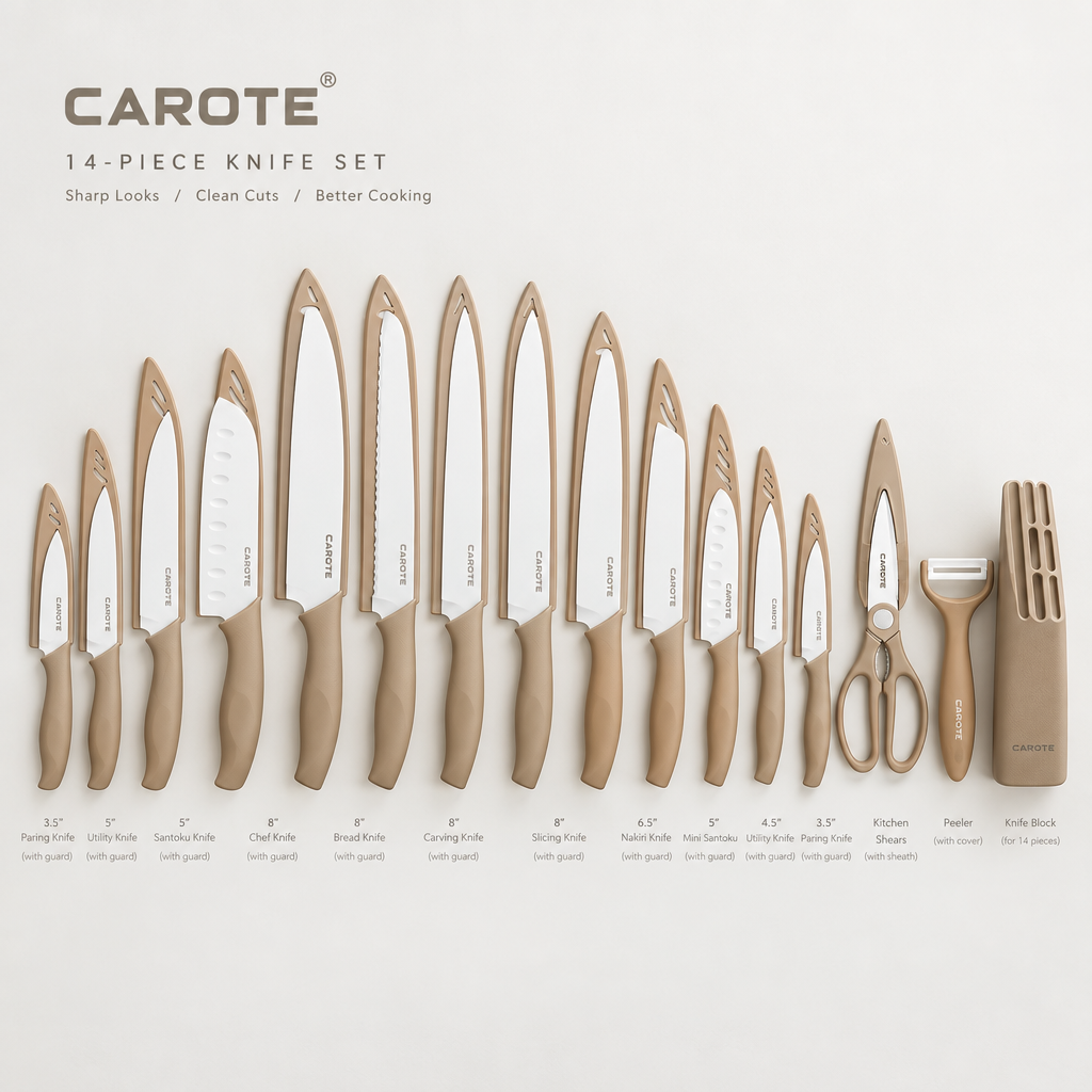 CAROTE 14-piece knife set flat lay with individual blade guards on light background