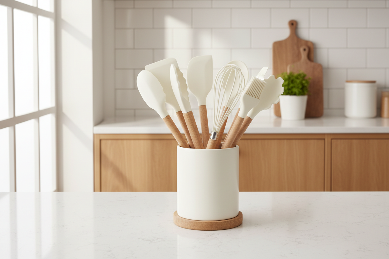 22pc Cream White Silicone Utensils with Wooden Handles in kitchen