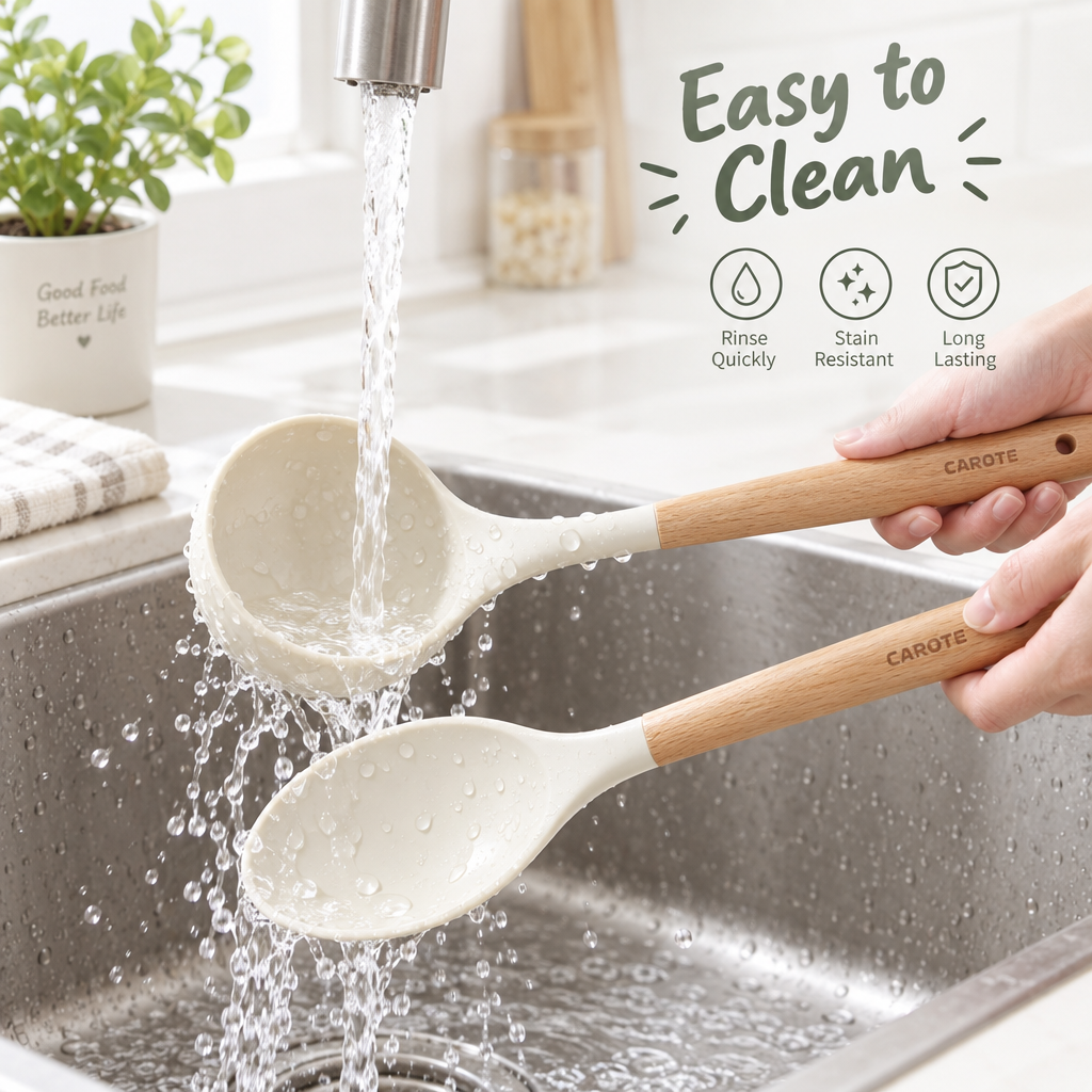 CAROTE cream white silicone ladle and spoon with wood handles being rinsed under running water