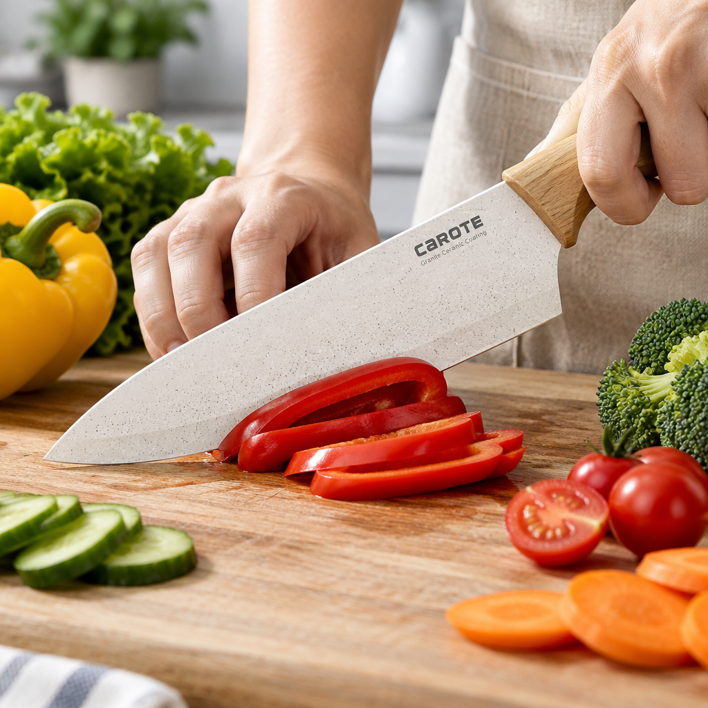 CAROTE chef's knife with tan handle slicing fresh vegetables on a wooden cutting board