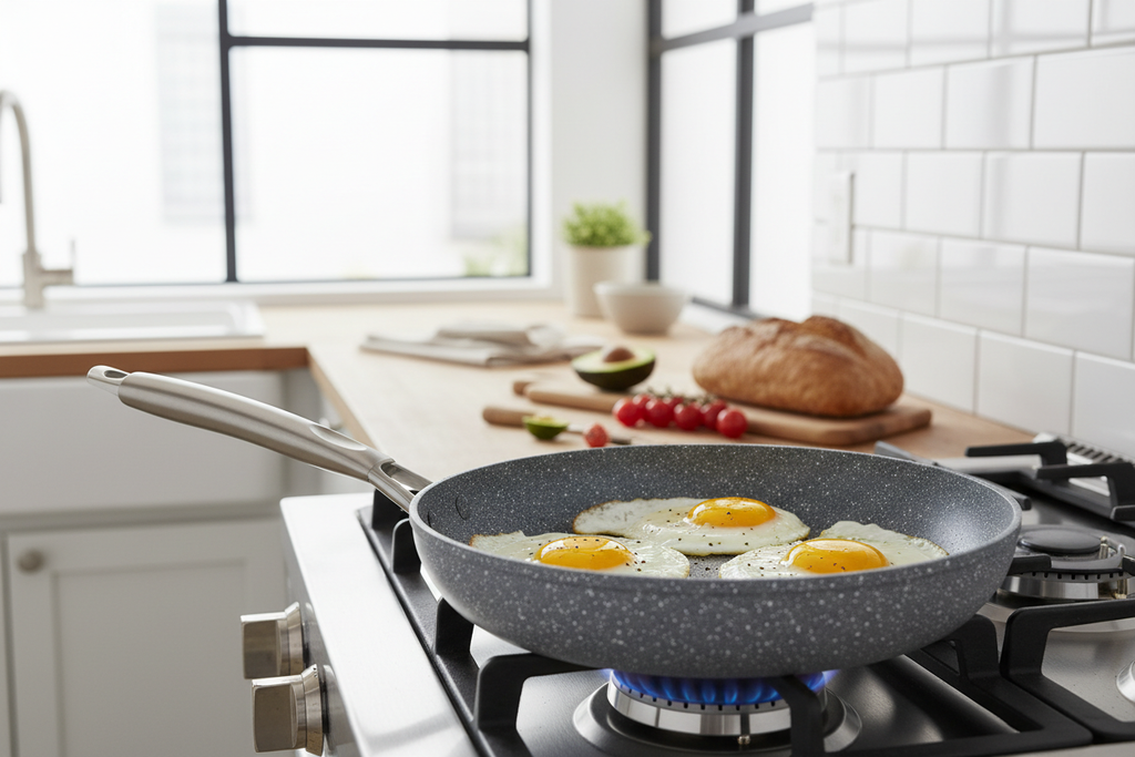 Nonstick granite skillet cooking eggs on stove