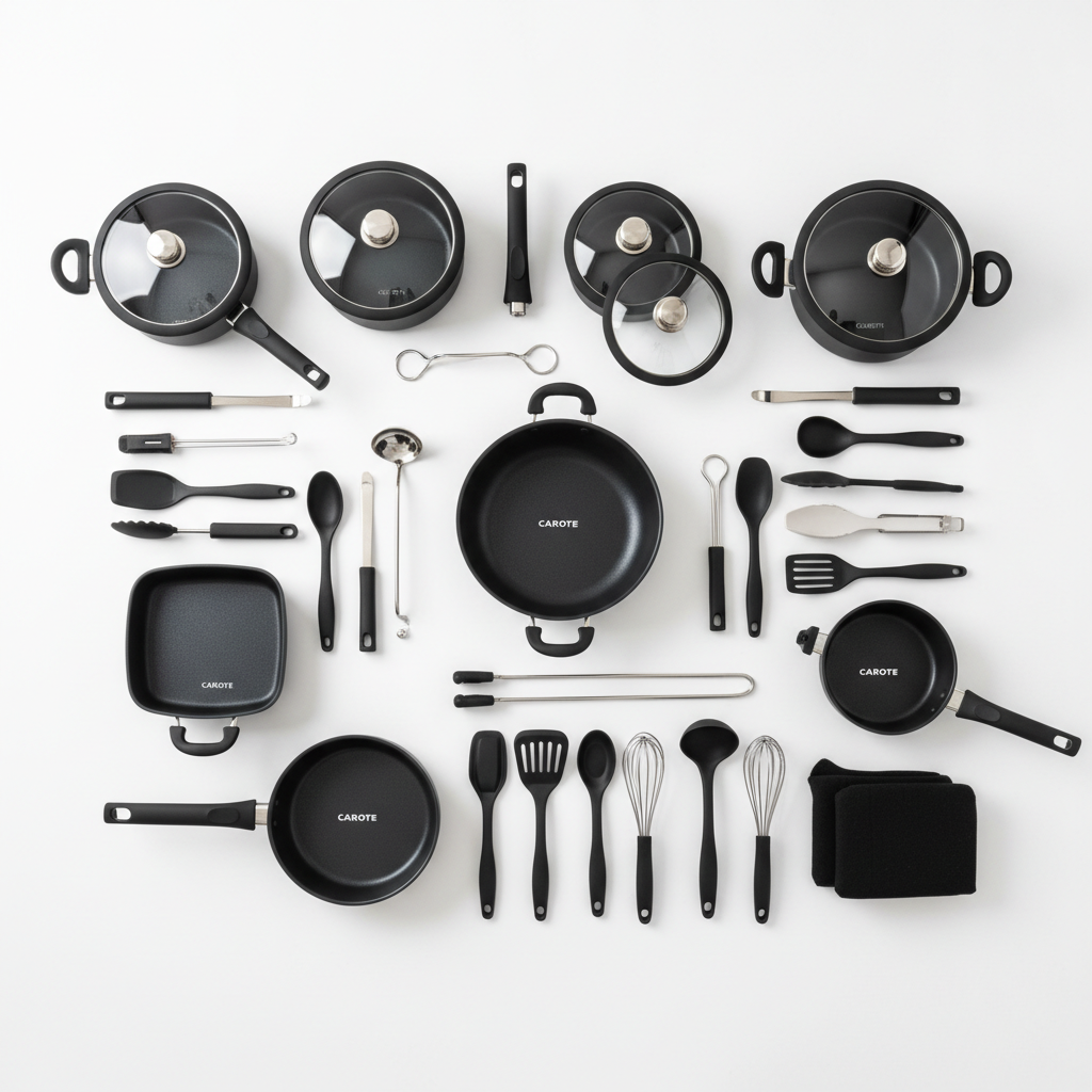 CAROTE 33pc Black Cookware Set - Flat Lay Overhead