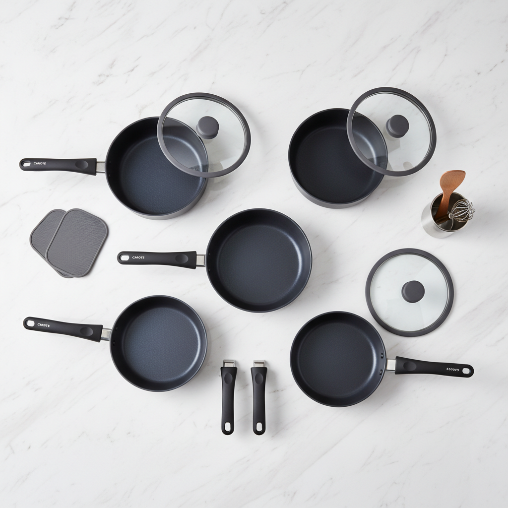 CAROTE Stackable Cookware Set flat lay showing all pieces