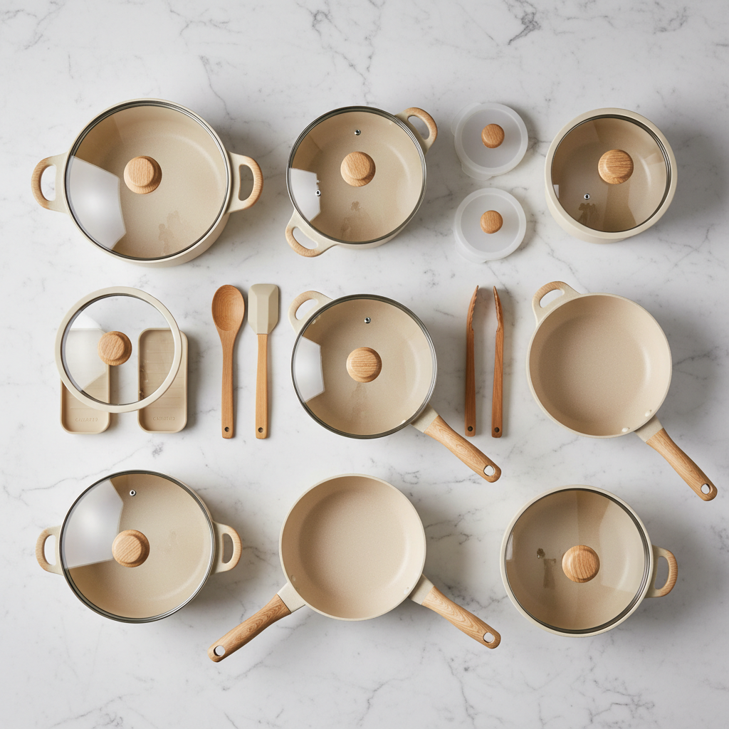 CAROTE 21pcs Ceramic Cookware Set flat lay