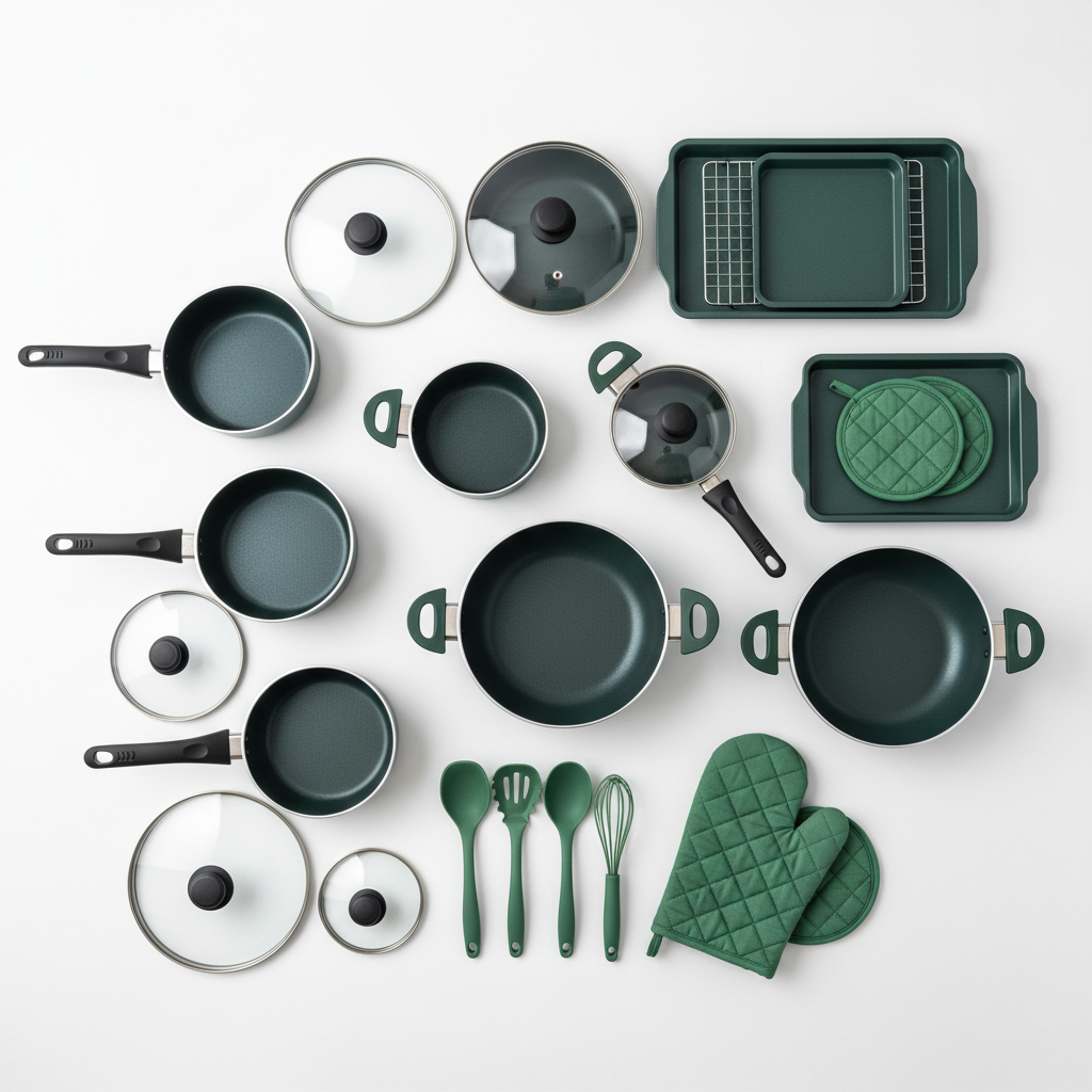 CAROTE 25pc Green Cookware Set - Flat Lay Overhead