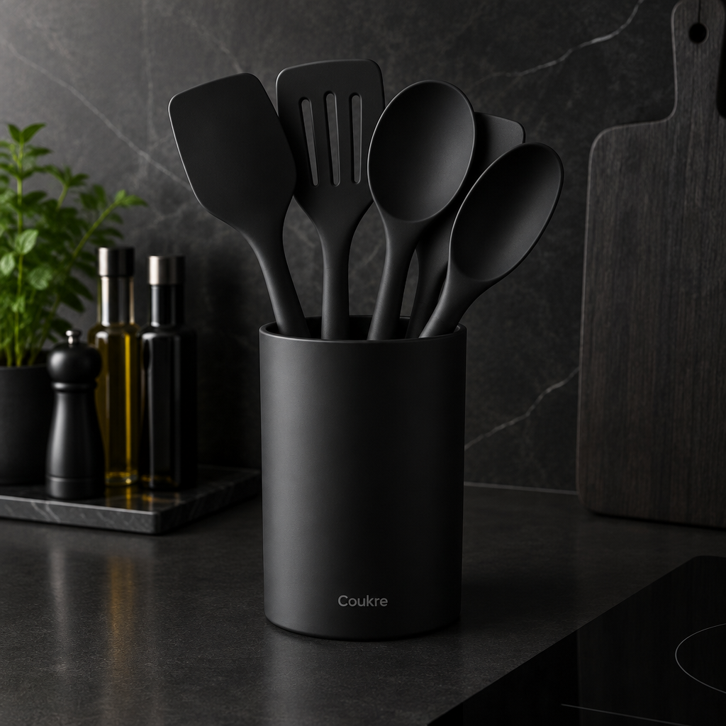 Coukre pure black silicone utensils standing in a black holder on a modern kitchen counter