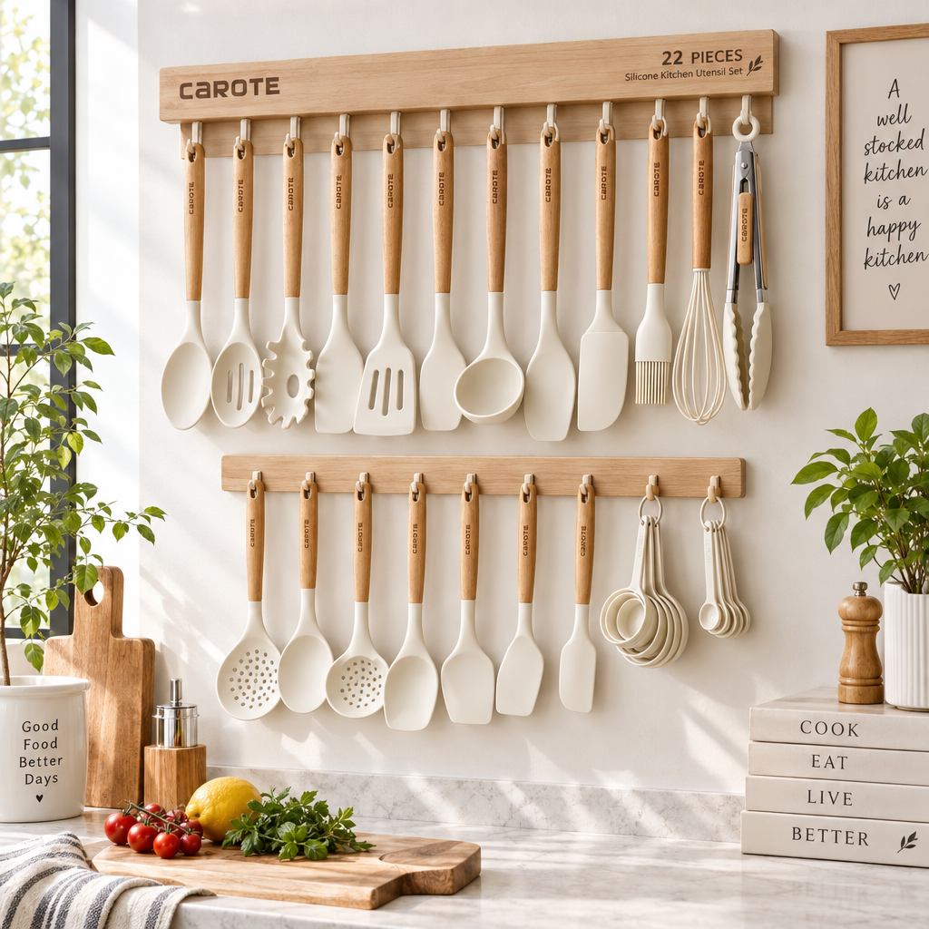 CAROTE 22-piece cream white silicone kitchen utensil set displayed hanging on a wall-mounted rack in a modern kitchen