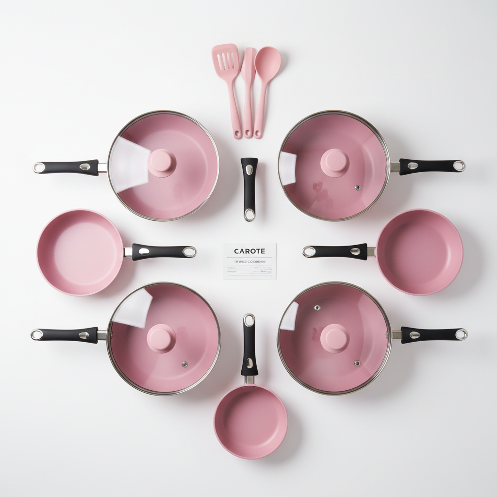CAROTE 19pc Pink Cookware Set - Flat Lay Overhead