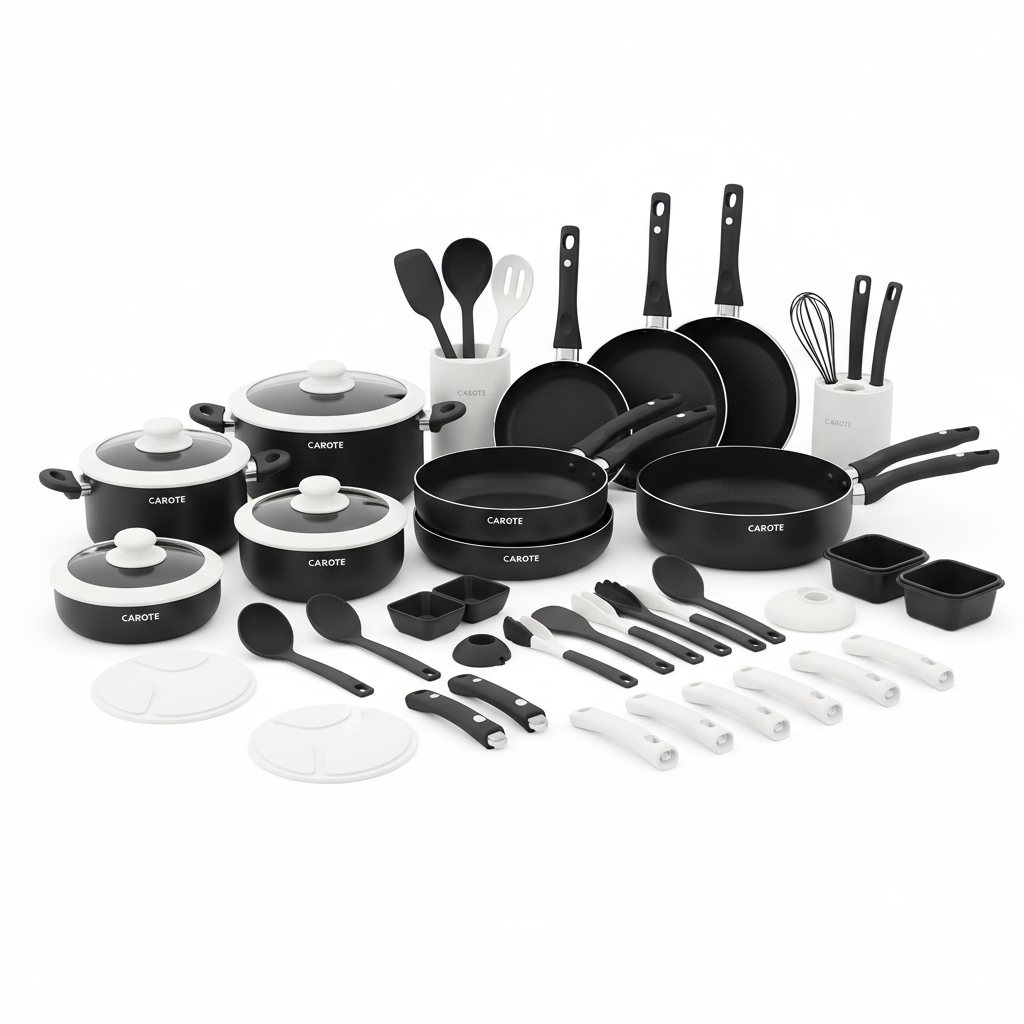 CAROTE 38pc Nonstick Detachable Handle Cookware Set - Black & White