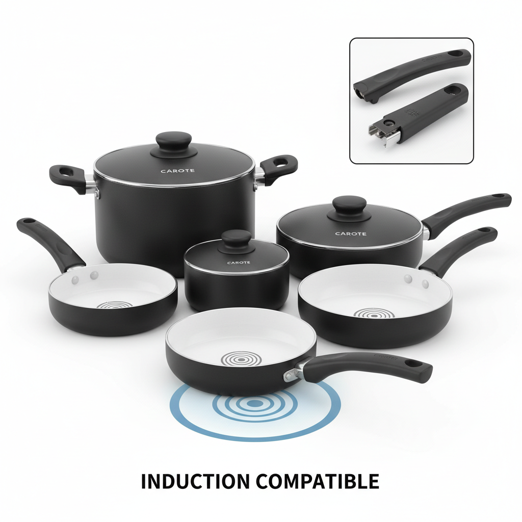 CAROTE Nonstick Detachable Removable Handle Cookware Set with Induction - Black & White