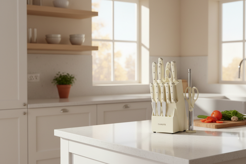 CAROTE 14pc Cream Knife Block Set on kitchen counter