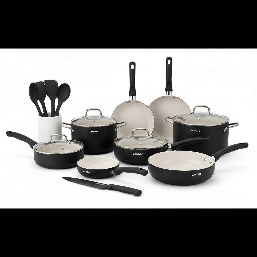 CAROTE 21pcs Ceramic Cookware Pots and Pans Set - Black & White