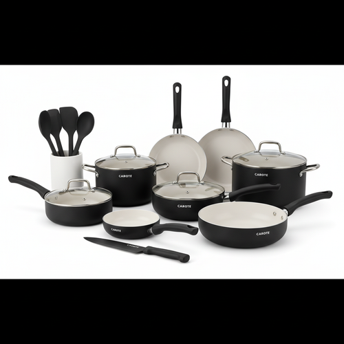 CAROTE 21pcs Ceramic Cookware Pots and Pans Set - Black & White