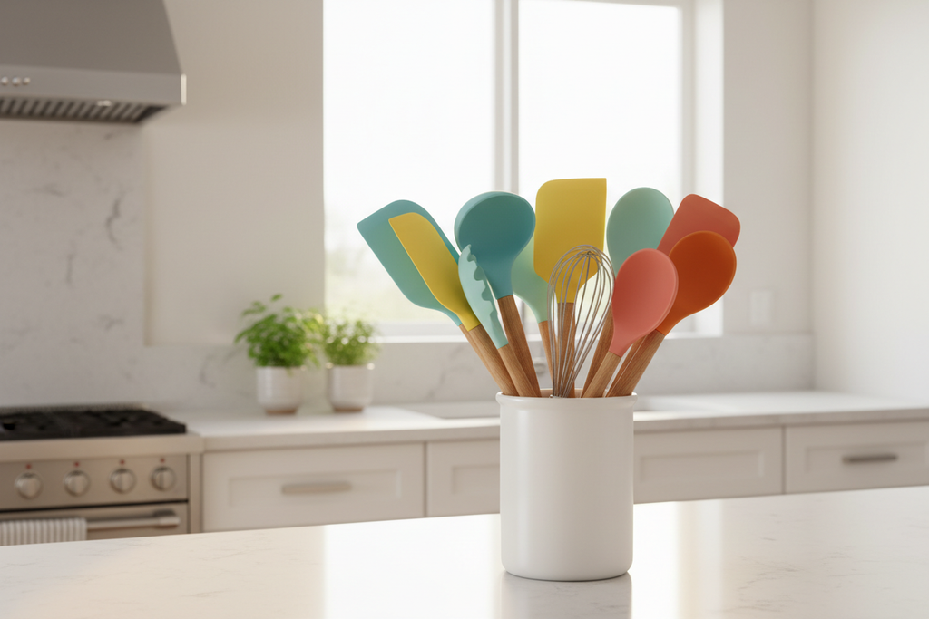 Silicone cooking utensils in kitchen holder