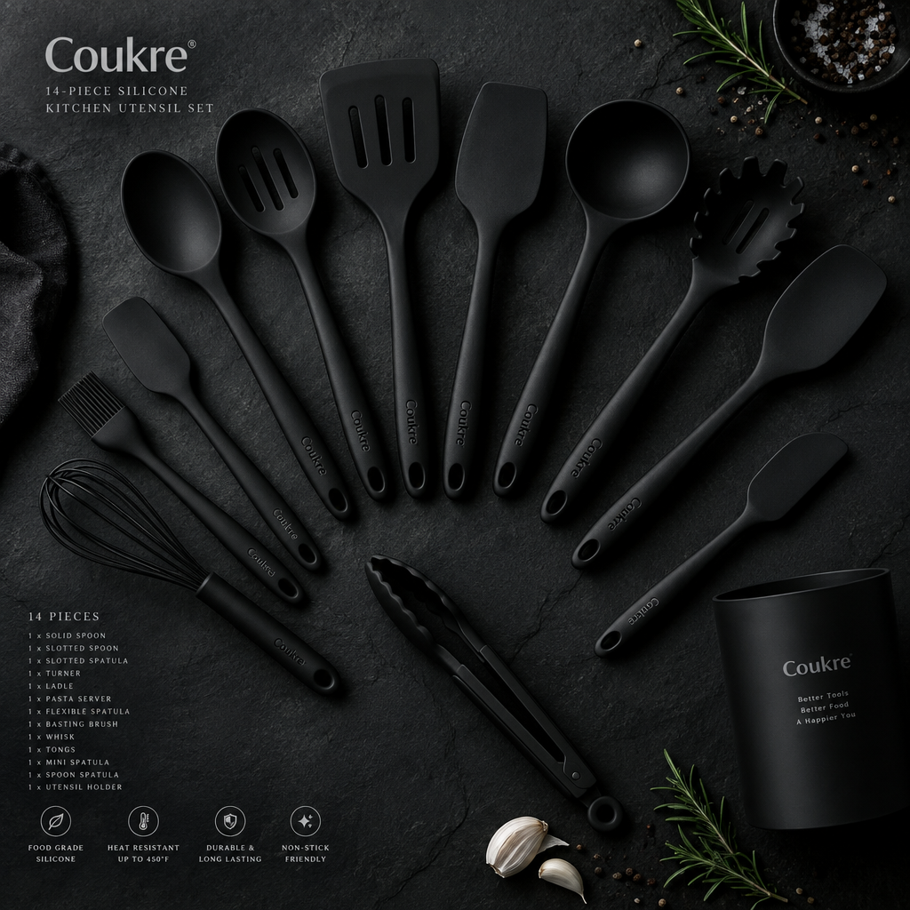 Coukre 14-piece pure black silicone kitchen utensil set fanned out on dark slate, moody product photography