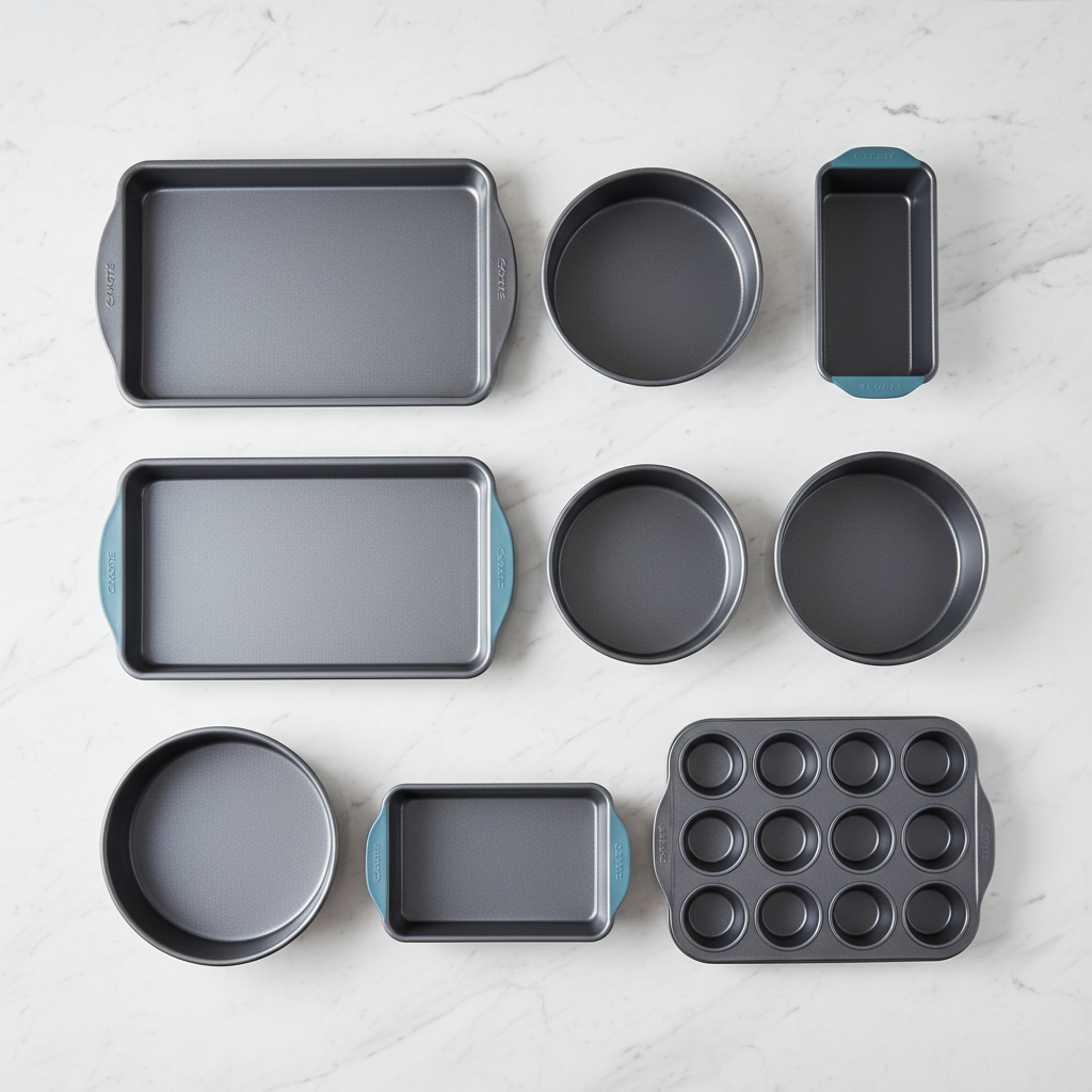 CAROTE 7pc Gray & Blue Baking Pans Set flat lay overhead