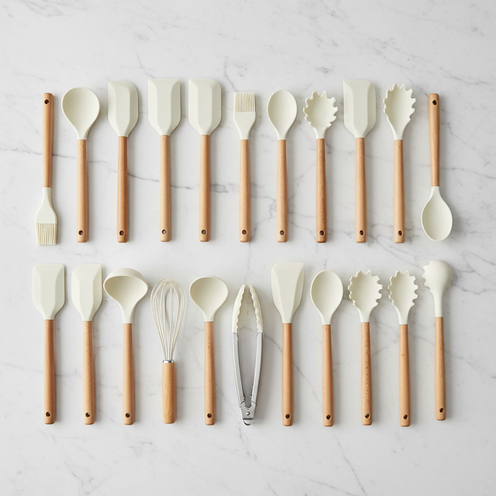22pc Cream White Silicone Kitchen Utensils flat lay