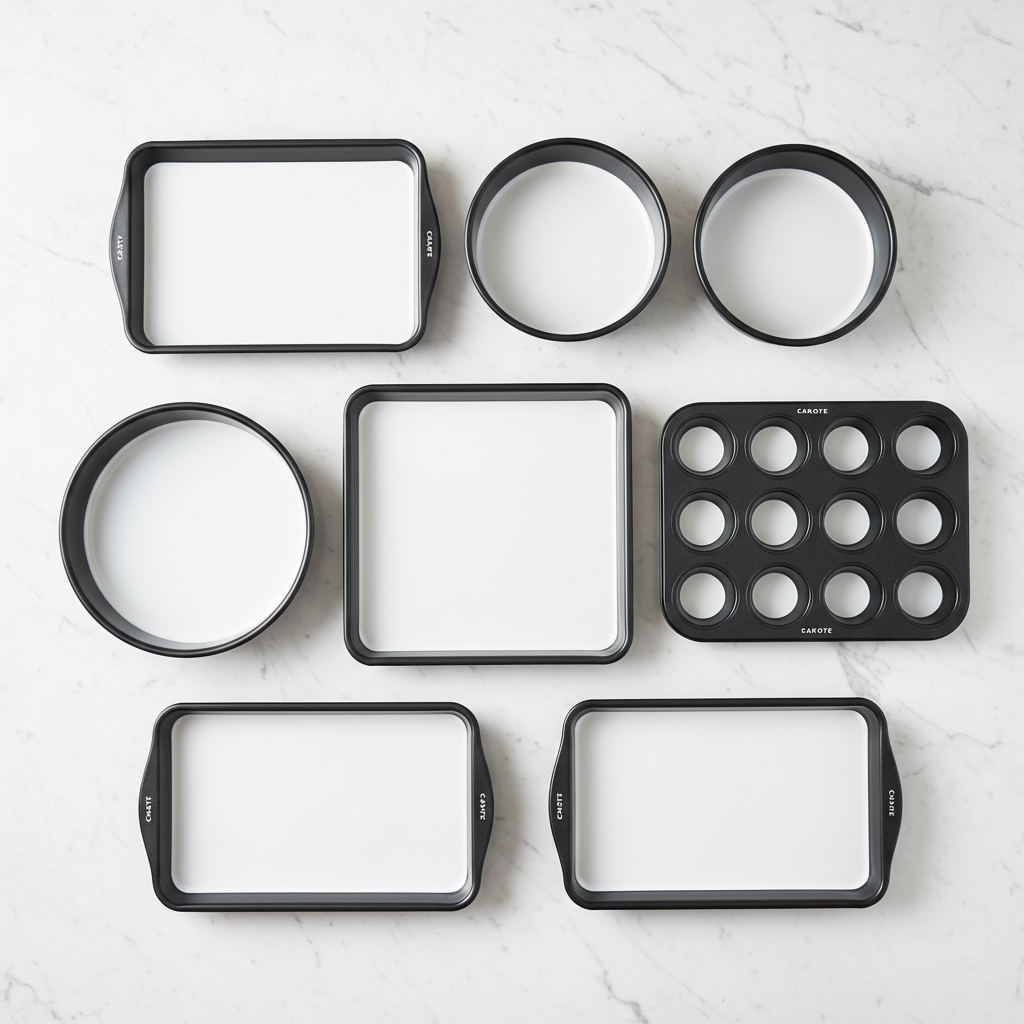 CAROTE 7pc Black & White Baking Pans Set flat lay overhead