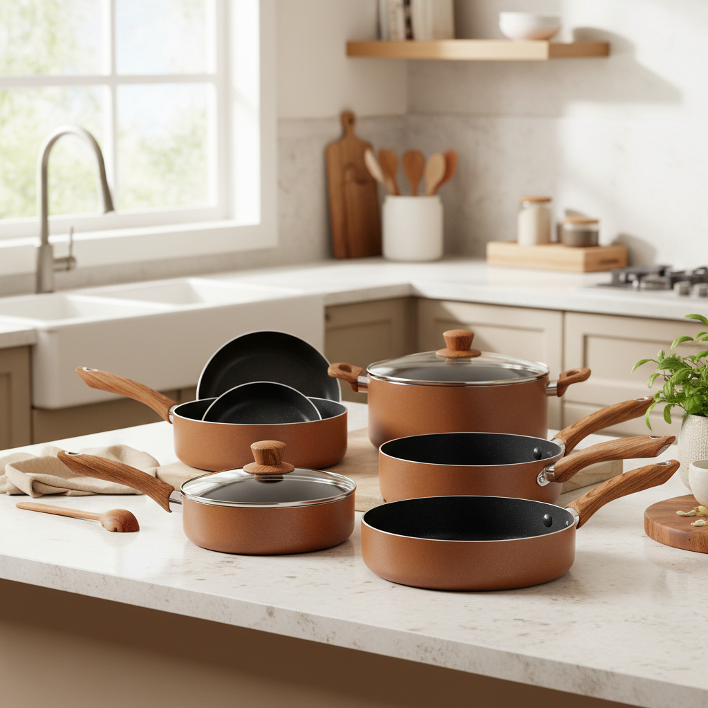 CAROTE 26pc Brown Cookware Set - Lifestyle Kitchen Shot