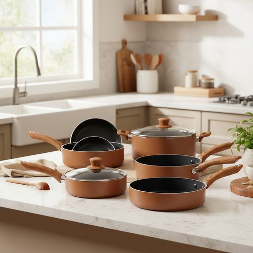 CAROTE 26pc Brown Cookware Set - Lifestyle Kitchen Shot