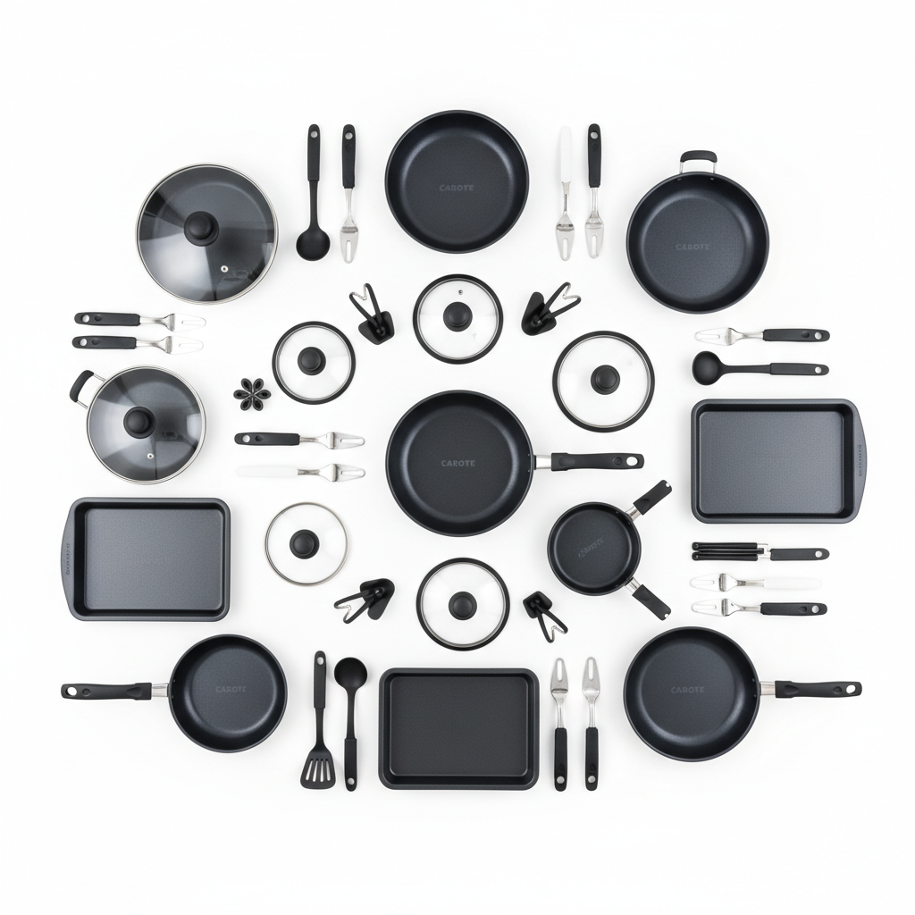 CAROTE 38pc Black Cookware Set - Flat Lay Overhead