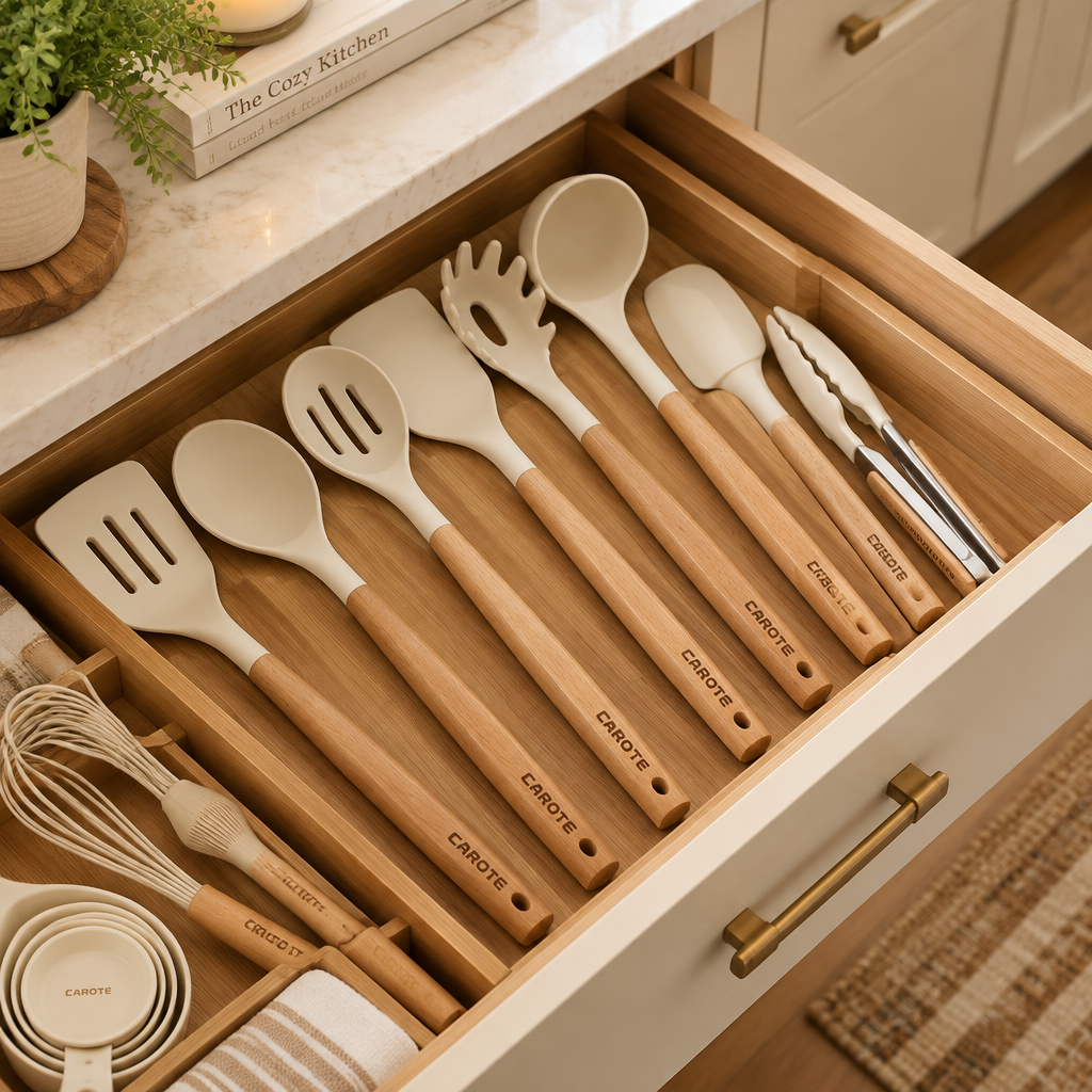 CAROTE cream white silicone cooking utensils with wood handles organized in an open kitchen drawer