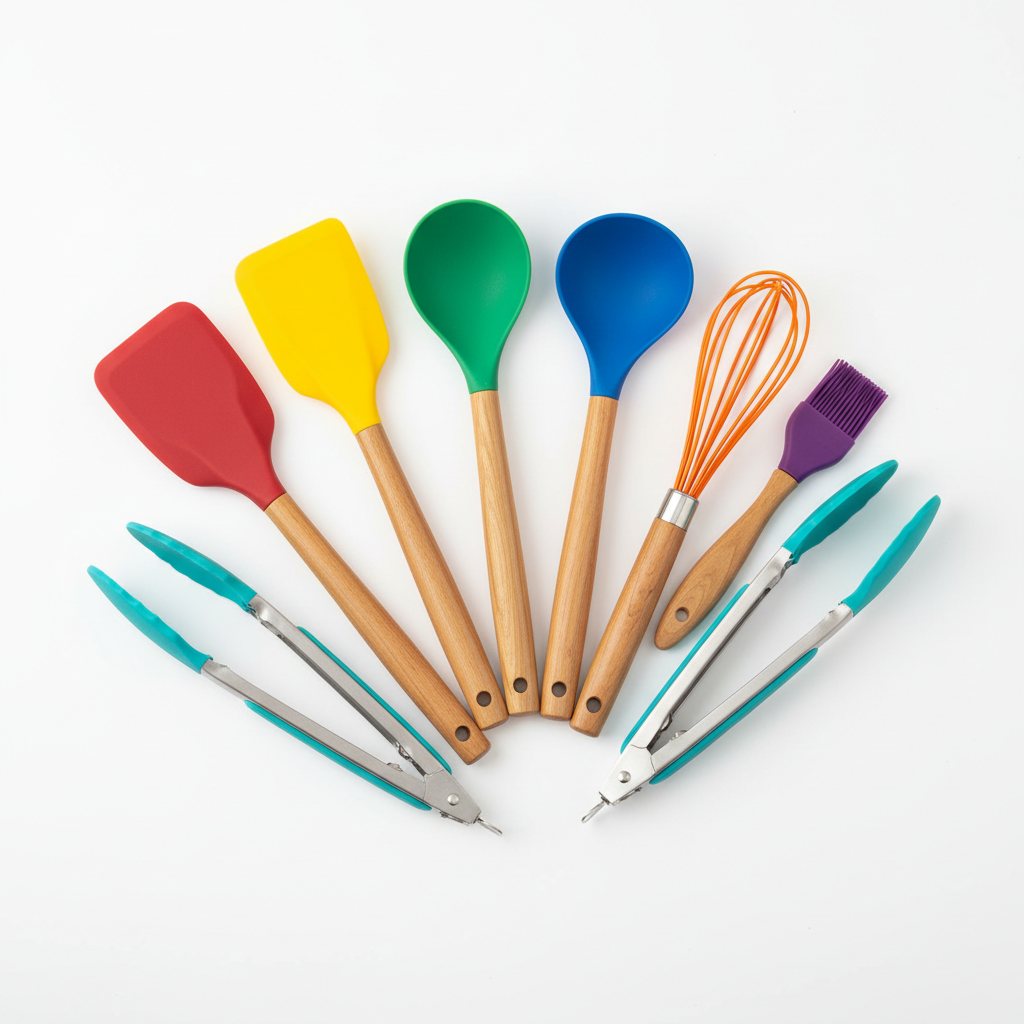 Silicone Cooking Utensils Set on white background