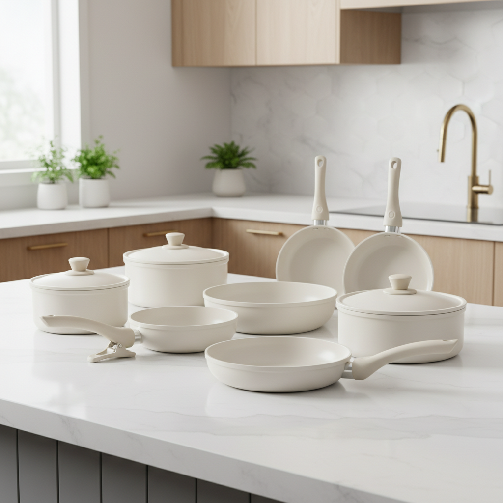 CAROTE Cream White Cookware Set - Lifestyle Kitchen Shot