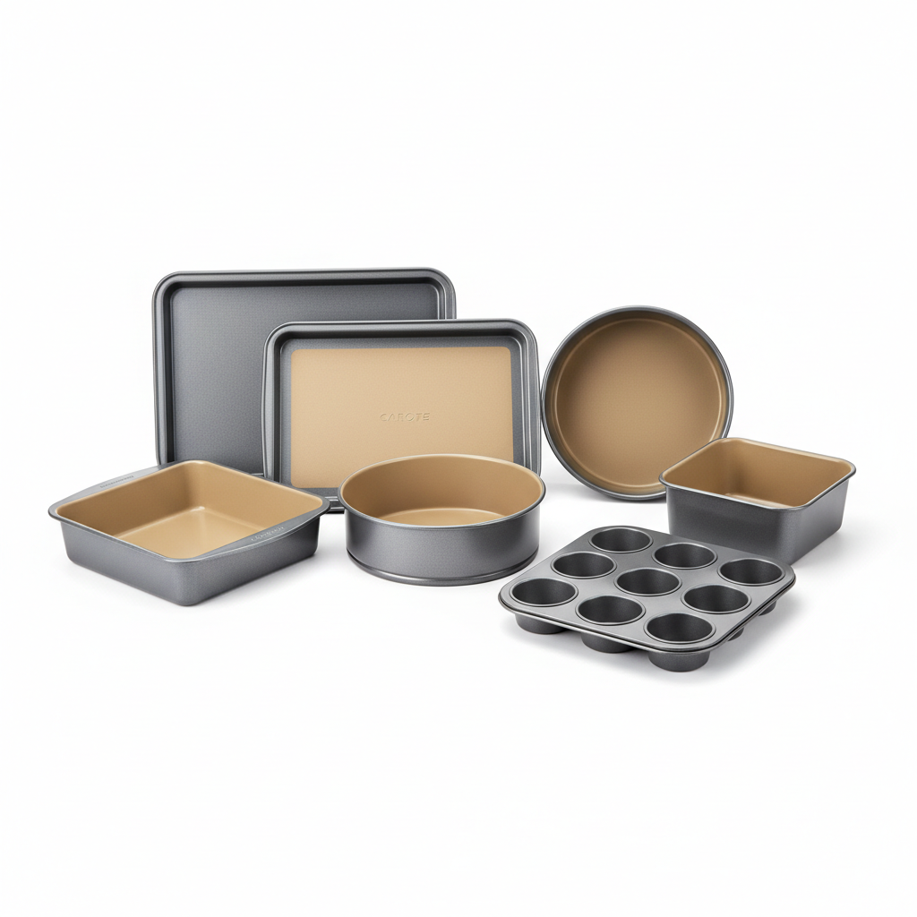 CAROTE 7pc Gray & Khaki Nonstick Baking Pans Set on white background