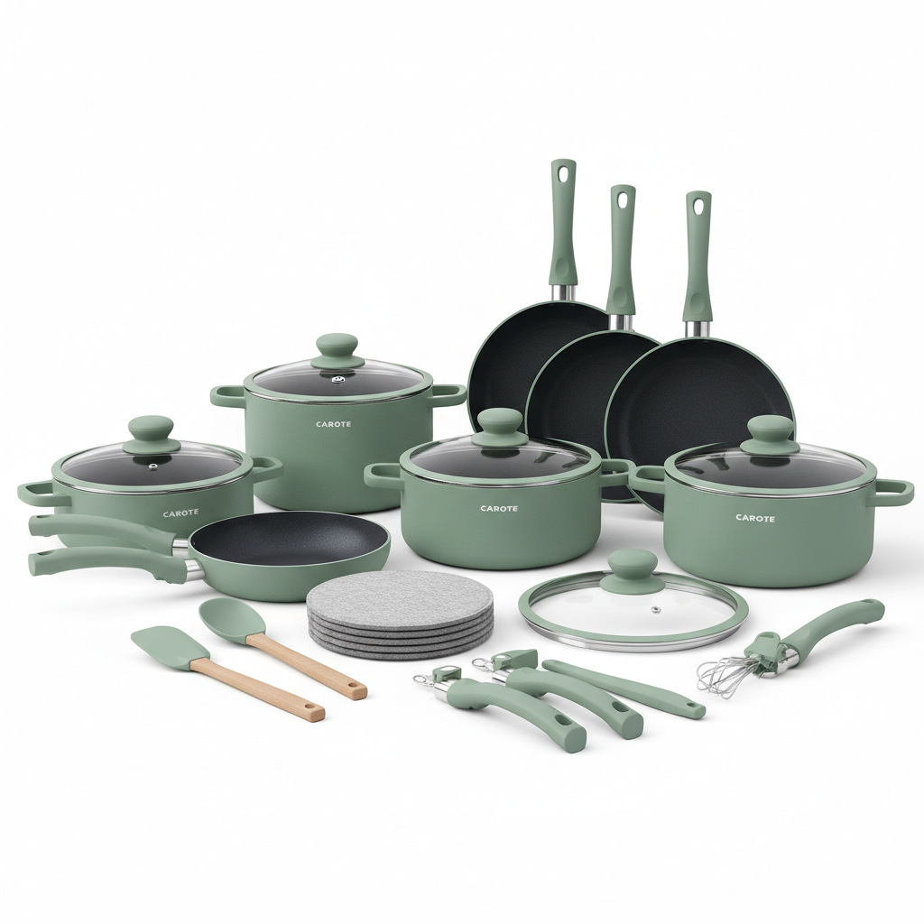CAROTE 25pc Green Nonstick Detachable Handle Cookware Set