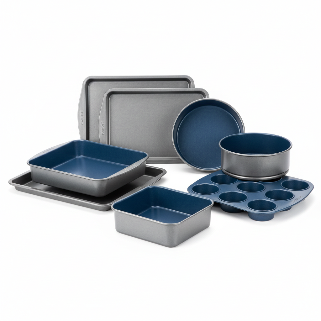 CAROTE 7pc Gray & Blue Nonstick Baking Pans Set on white background