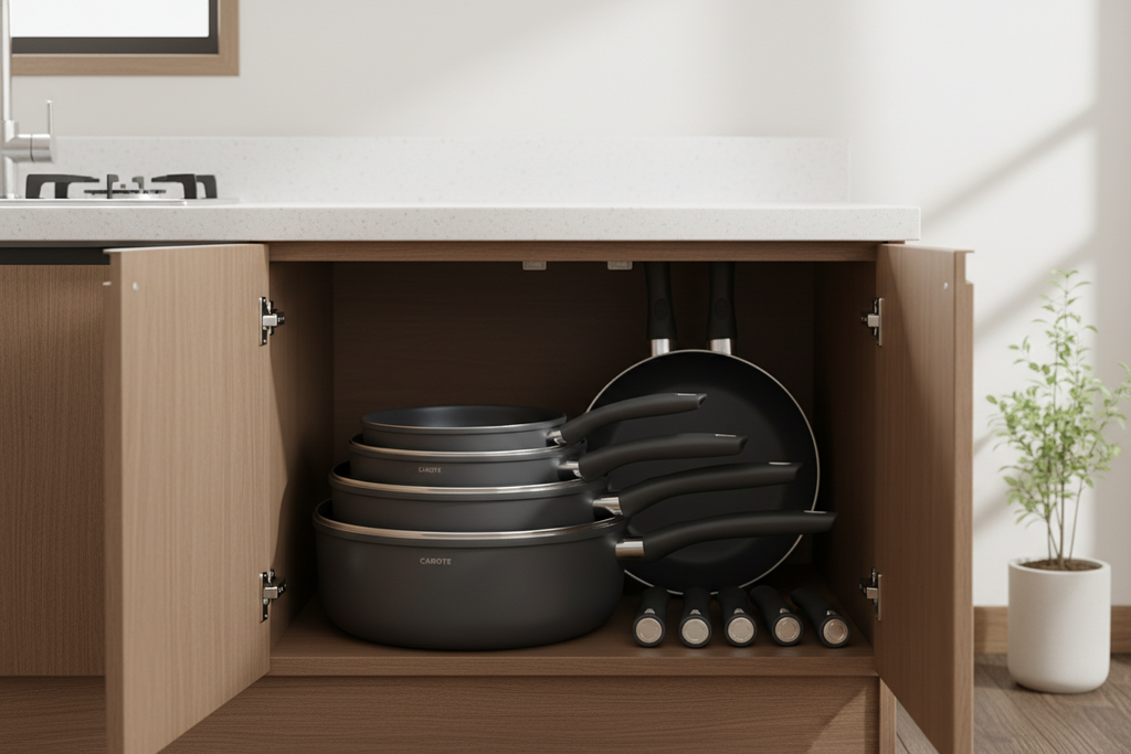 CAROTE Stackable Cookware Set stored compactly in cabinet