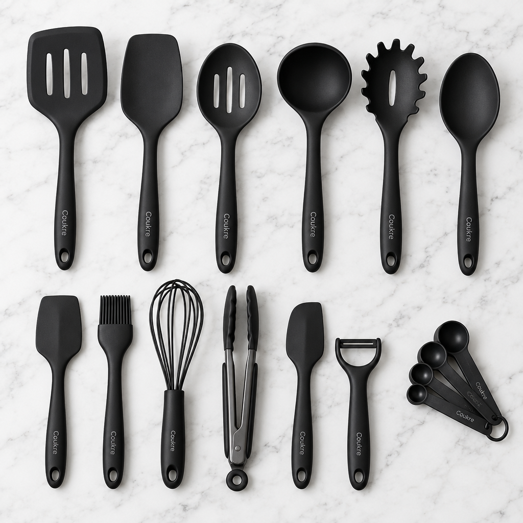 Coukre 14-piece pure black silicone kitchen utensil set laid flat on white marble surface