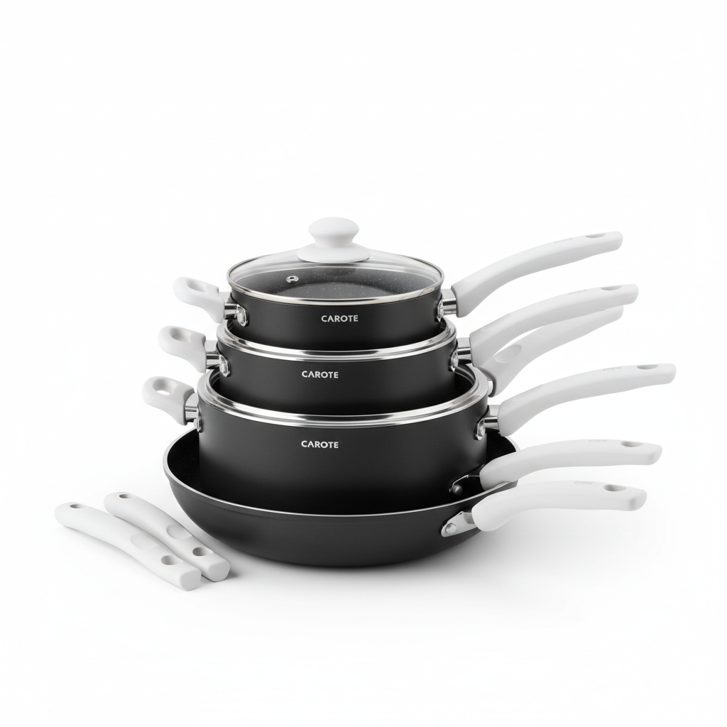CAROTE Induction Stackable Nonstick Cookware Set with Detachable Handle - Black & White