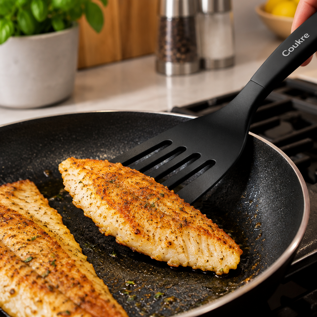 Coukre black silicone slotted turner flipping a golden crispy fish fillet in a nonstick pan