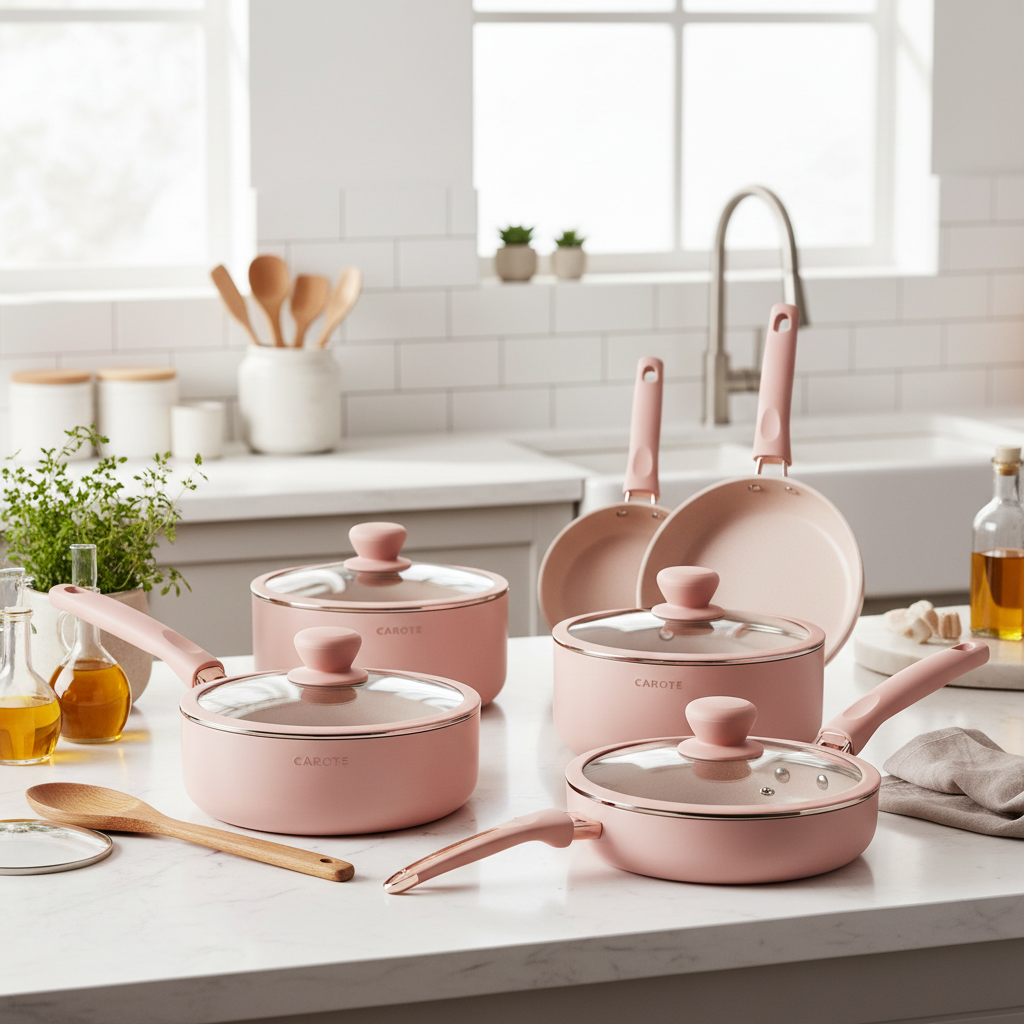CAROTE Pink Cookware Set - Lifestyle Kitchen Shot