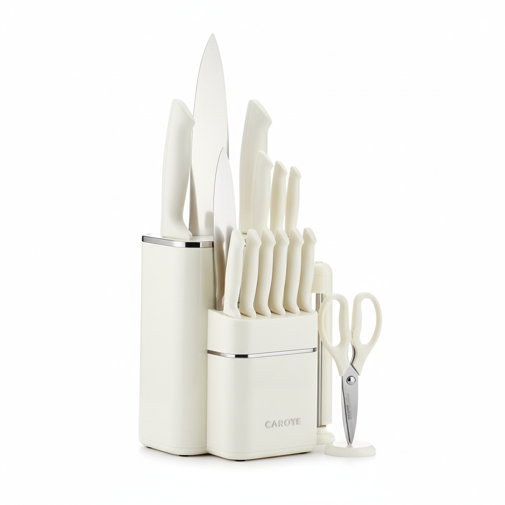 CAROTE 14pc Cream Knife Block Set on white background
