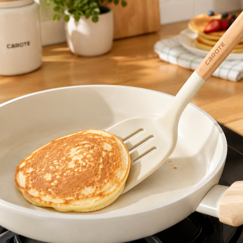CAROTE cream silicone spatula with wood handle flipping a golden pancake in a white nonstick pan