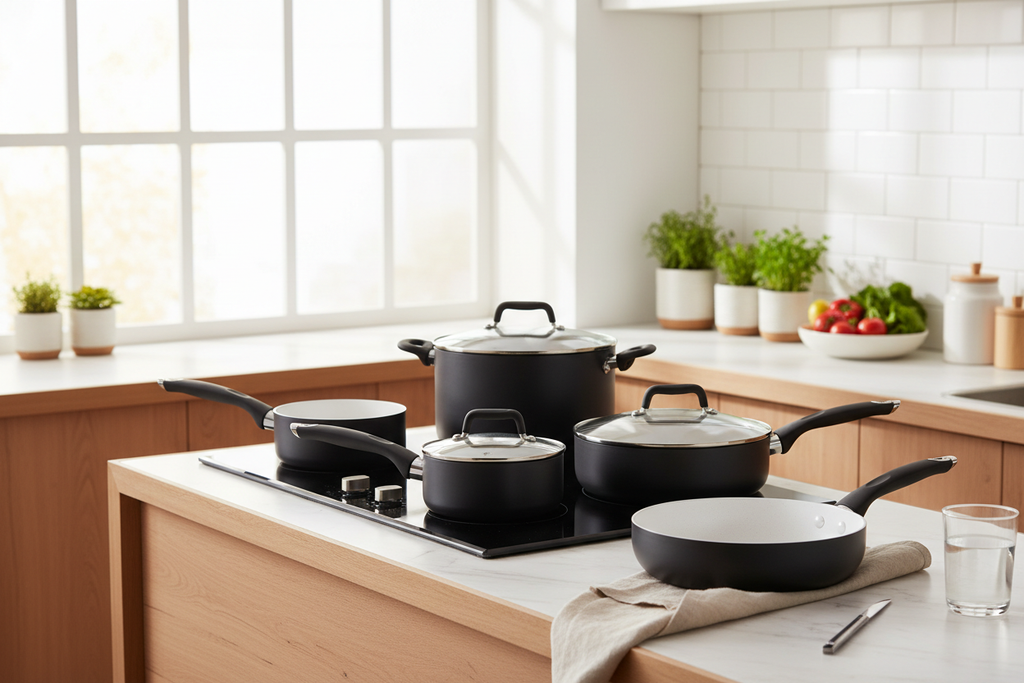 CAROTE Black & White Cookware Set in kitchen