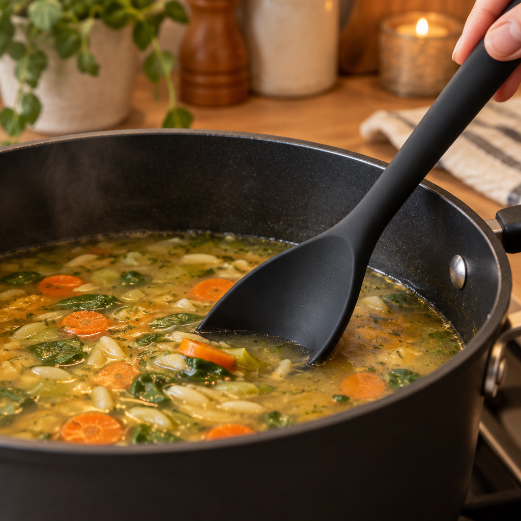 Coukre black silicone spoon stirring soup in a nonstick pot, protecting cookware surface