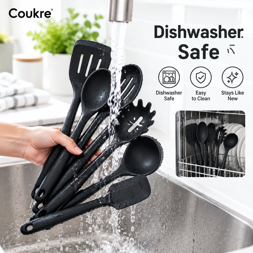Coukre black silicone cooking utensils being rinsed under running water - dishwasher safe