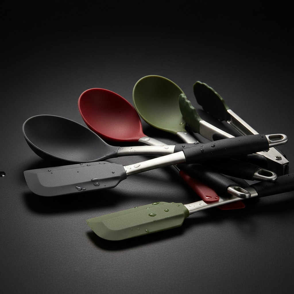 Close up of heat resistant silicone cooking utensils