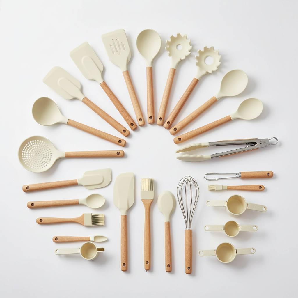 22pc Cream White Silicone Cooking Utensils Set with Wooden Handles