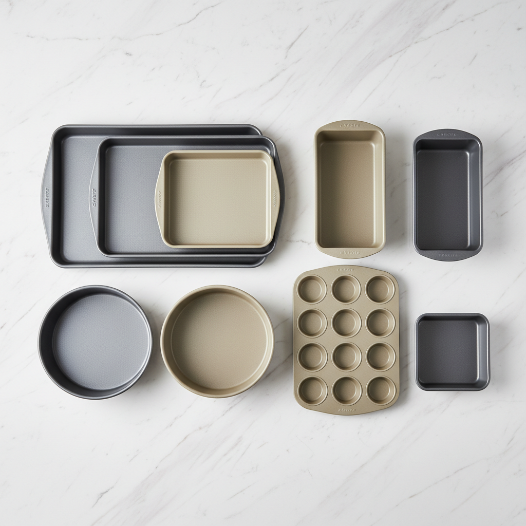 CAROTE 7pc Gray & Khaki Baking Pans Set flat lay overhead