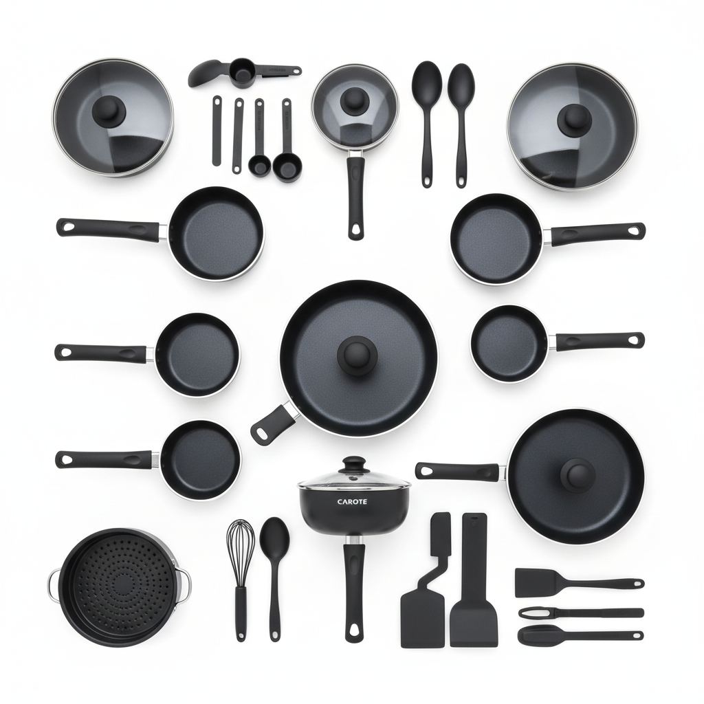 CAROTE 39pc Black Cookware Set - Flat Lay Overhead